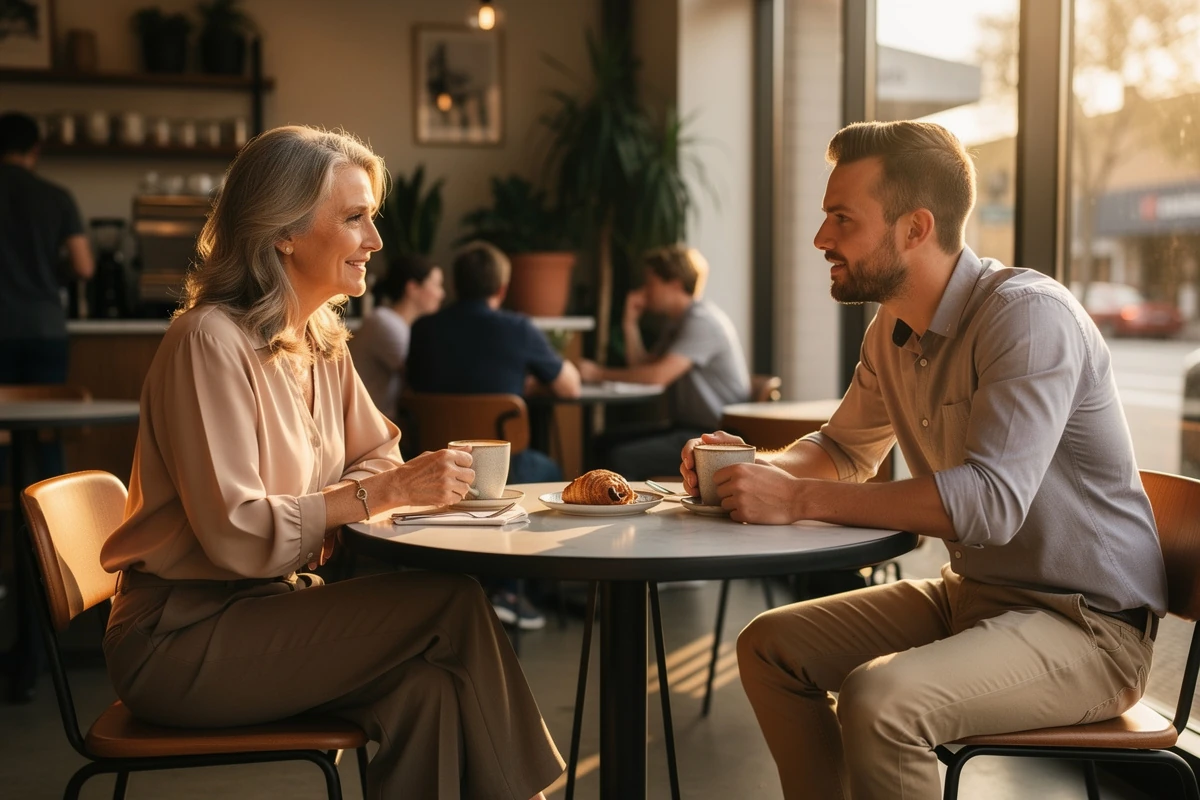 Couple talking in warm Australian cafe environment